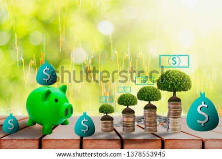 Piggy bank green, placed on wooden floor,tree growing on pile of coins and icon,Background bokeh Blur,stock graph,Planning savings for future and investing stock market for sustainable finance