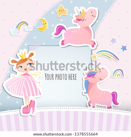 Baby girl shower card with funny unicorns  and little princess. Arrival card with place for your photo. Digital scrapbooking.
