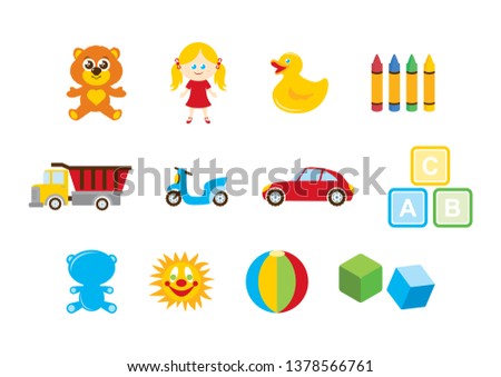 Different toys for kids icon set. Toys for boys and girls illustration. Colorful toys isolated on a white background. Children's toys clipart