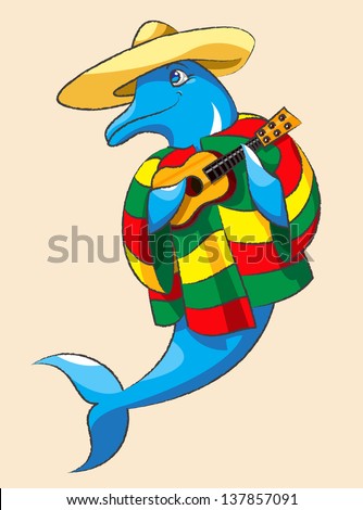 The cheerful dolphin in a sombrero and color Mexican clothes plays a guitar