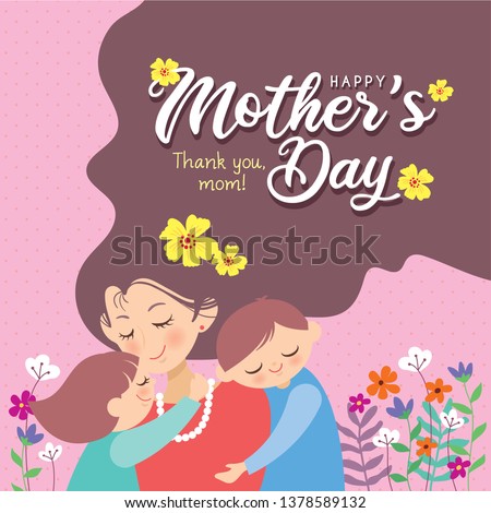 Happy Mother's Day template design or copy space. Hand drawn mother, son & daughter with flowers on pink polka dot background in flat vector illustration. Cartoon mom together with children.