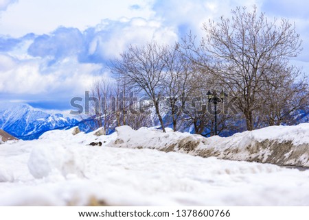 Winter snowy mountains. Caucasus Mountains, Gudauri, Georgia.