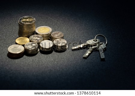 Thai coin pile, isolated on a black background - image