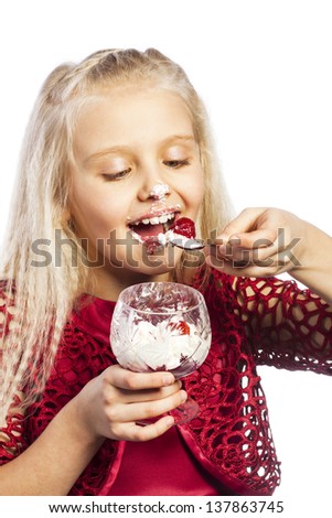 Beautiful blonde girl eating dessert isolated over white background