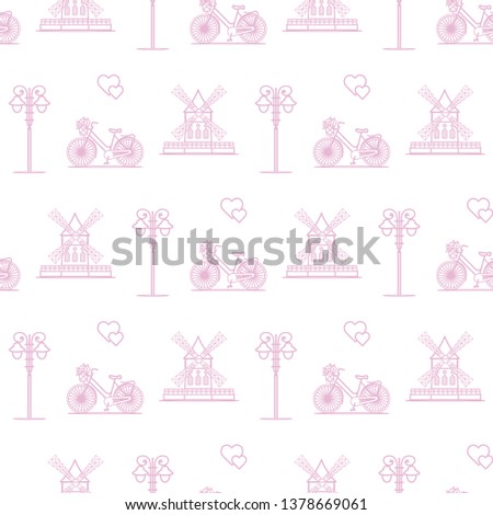 Seamless pattern with windmill, bicycle, lantern. Travel and leisure. Design for banner and print.