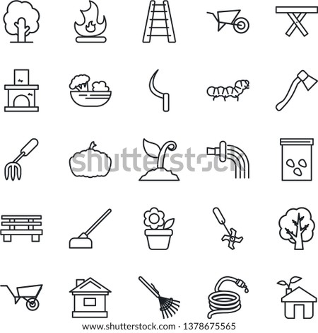 Thin Line Icon Set - flower in pot vector, garden fork, rake, ladder, tree, wheelbarrow, watering, sproute, fire, house, hose, hoe, sickle, axe, bench, pumpkin, fireplace, seeds, caterpillar, ripper
