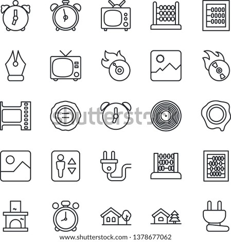 Thin Line Icon Set - elevator vector, alarm clock, tv, abacus, stamp, fireplace, film frame, vinyl, flame disk, gallery, ink pen, house with tree, power plug