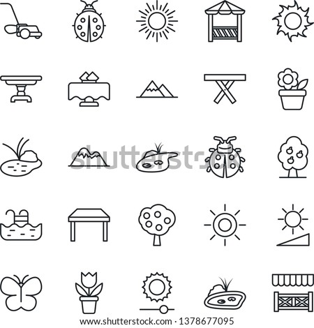 Thin Line Icon Set - sun vector, flower in pot, lawn mower, butterfly, lady bug, pond, picnic table, brightness, pool, fruit tree, mountains, restaurant, alcove