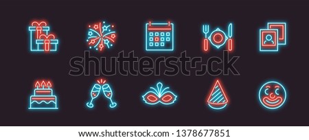 Holiday, Festival and Party Vector Icon Set in Neon Outline Style #1
