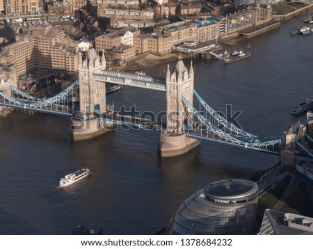 aerial view of Tower Bridge, City hall and river Thames, London, England