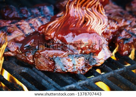 Boneless beef ribs grilling over flames with barbecue sauce added with bbq mop. Extreme shallow depth of field with blurred background with focus on front meat.