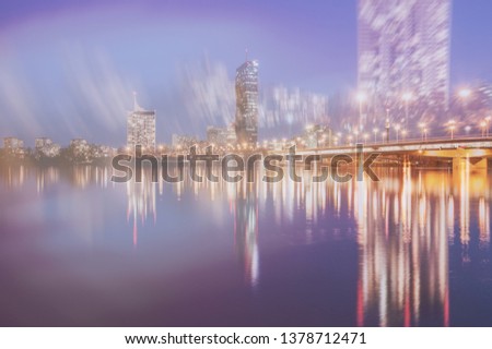 picture with double exposure. abstract toned industrial background.  skyline by night. 