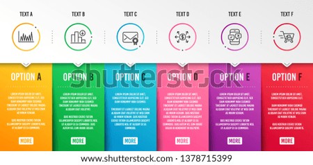 Dollar exchange, Decreasing graph and Verified mail icons simple set. Phone survey, Line graph and Shopping cart signs. Payment, Crisis chart. Business set. Infographic template. 6 steps timeline
