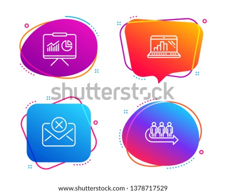 Graph laptop, Presentation and Reject mail icons simple set. Queue sign. Mobile report, Board with charts, Delete letter. People waiting. Business set. Speech bubble graph laptop icon. Vector