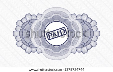 Blue rosette or money style emblem with paid icon inside