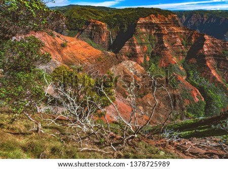 Lookout views of Waipo’o Falls in Waimea Canyon State Park, also called the "Grand Canyon of the Pacific," located on the western side of the island of Kauai, Hawaii, United States.