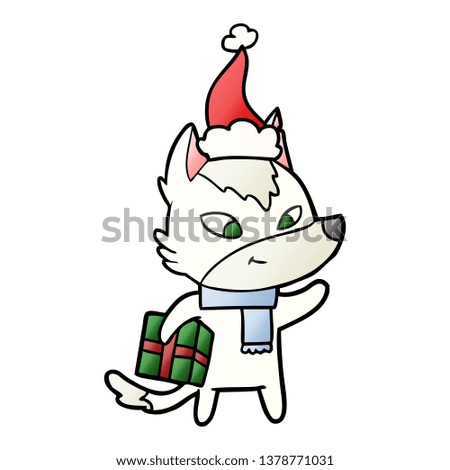 friendly hand drawn gradient cartoon of a christmas wolf wearing santa hat