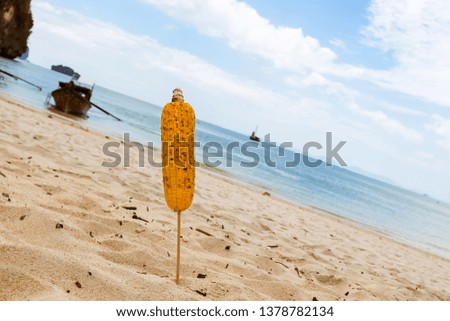 Ear of fried corn on a stick. Stuck in the sand on a tropical beach. Close-up. Sea and blue sky on background.