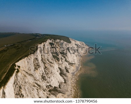 Drone photograph of the white cliffs of Great Britain looking east