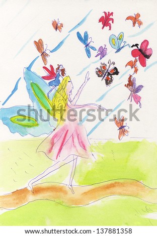 Flower fairy with colorful butterflies. Watercolor illustration. Child's drawing. 