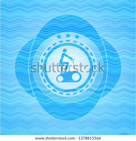 stationary bike icon inside sky blue water wave badge.