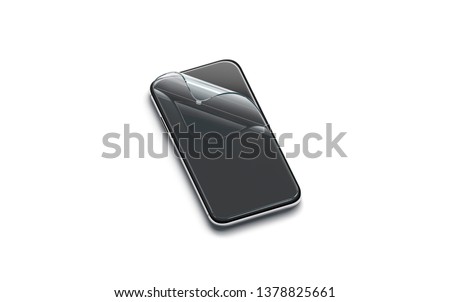 Blank curved transparent protection film on phone screen mock up, isolated, 3d rendering. Empty protector for smartphone display mockup, side view. Clear shatterproof cover accessory template.