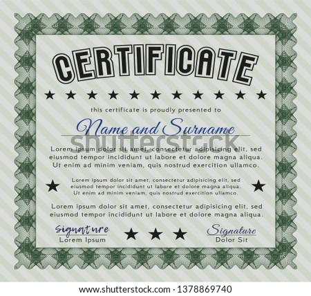 Green Certificate or diploma template. With guilloche pattern. Retro design. Vector illustration. 