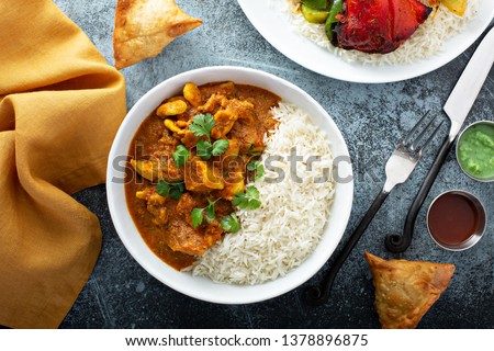 Chicken curry with jasmine rice, indian food concept Royalty-Free Stock Photo #1378896875