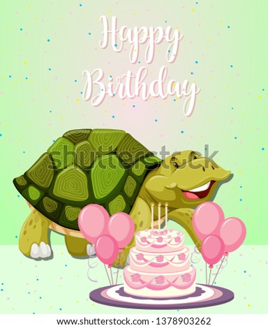 Turtle and cake birthday card illustration