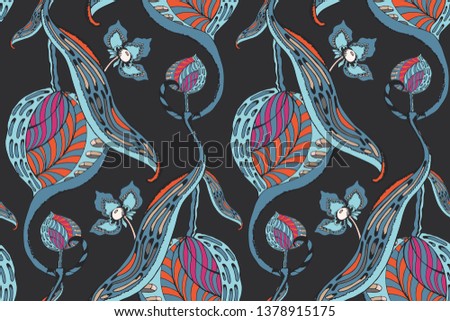 Art floral vector seamless pattern. Abstract blue, pink, orange flowers, fruits and leaves on deep brown background. Trendy colors of the season. Hand-drown vector illustration. Ethnic pattern.