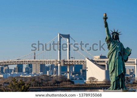 Statue of Liberty and Rainbow bridge, Tokyo, Japan