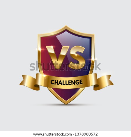 Battle vector element concept. Competition illustration with glowing golden shield with versus symbol and ribbon with challenge word. Night club event promotion. MMA, wrestling, boxing fight poster
