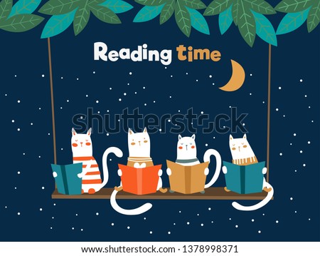 Funny cats reading books on swing