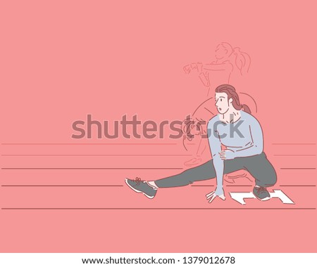 A woman is stretching before running on the track. hand drawn style vector design illustrations. 
