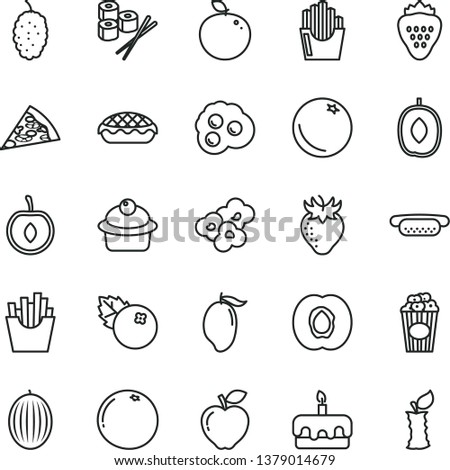 thin line vector icon set - piece of pizza vector, mini hot dog, muffin, torte, apple pie, French fries, fried potato slices, sushi set, popcorn, cup, omelette, blueberries, strawberry, orange, red