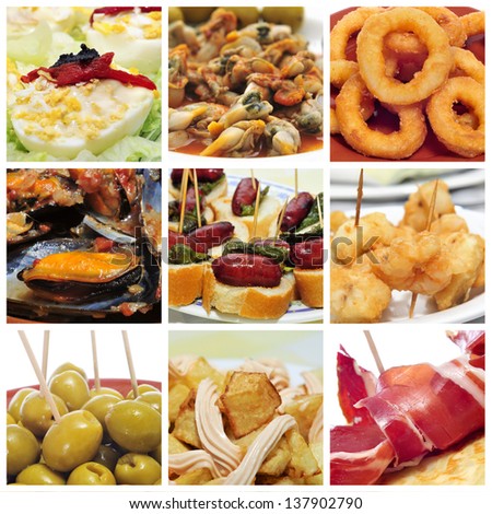 a collage of nine pictures of different spanish tapas, such as calamares a la romana (squid rings), mejillones a la marinera (mussels in marinara sauce) or spanish omelette or patatas bravas