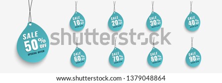 Sale tags set vector badges template, 10 off, 20 %, 90, 80, 30, 40, 50, 60, 70 percent sale label symbols, discount promotion flat icon with long shadow, clearance sale sticker emblem red rosette Royalty-Free Stock Photo #1379048864