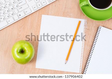 pc keyboard, pencil, coffee and notepad, workplace businessman