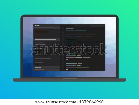 Programming and coding software, Web development vector flat icon. Program command code interface on screen of laptop. Digital web industry. Big data processing. Vector flat illustration.