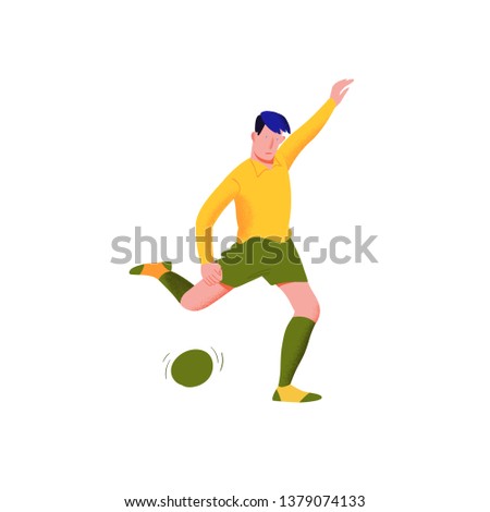 Football player. Man in yellow shirt and green shorts punch to the ball. The people in dynamic pose. Flat with texture vector illustration. Isolated.