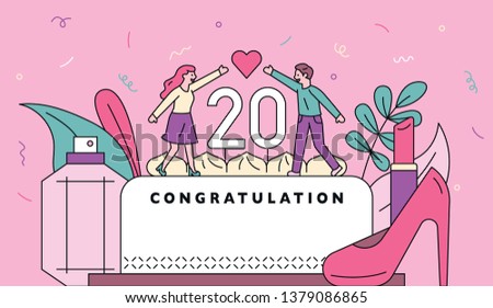Celebration cakes and gifts for coming of age day. flat design style minimal vector illustration