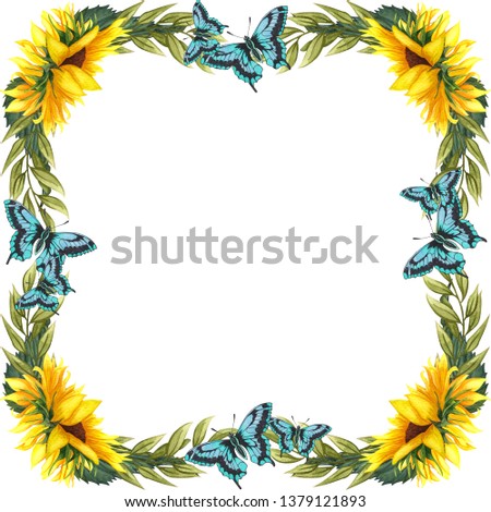 Watercolor floral wreath with sunflowers anf butterflies , leaves, foliage and place for your text. Perfect for wedding, invitations, greeting cards, print. Angled autumn’s sunflowers frame.