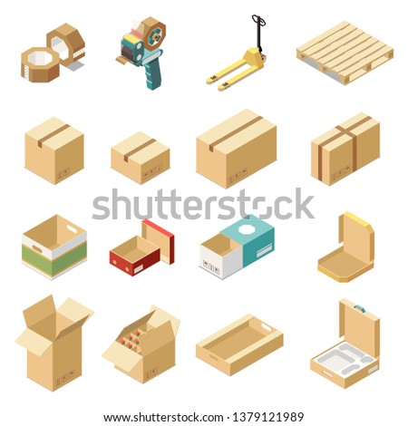 Isometric set with cardboard boxes for various kinds of goods and products isolated on white background 3d vector illustration