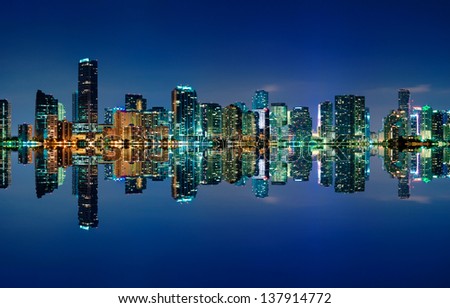 The Miami skyline at night with almost no clouds and nearly perfect reflections