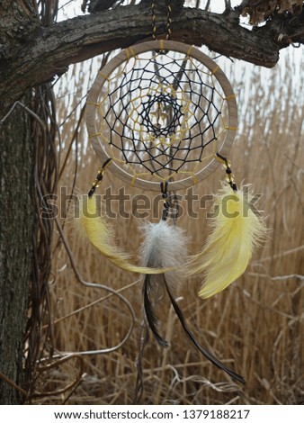 Dream catcher with yellow feathers on the background of reeds. Dreamcatcher sunset, mountains, boho-chic, ethnic amulet, symbol.