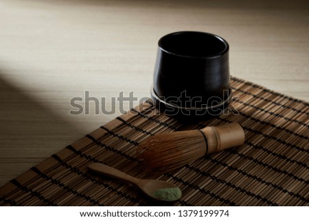 Japanese food organic matcha green tea on wooden table background, top view, copy space