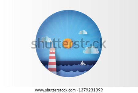 3D illustration of Island with lighthouse Lighting boat on sea view at sunlight on sky circle concept,Holiday Summer time season Graphic design simple circle Seaside, Paper craft and cut.vector.eps10.