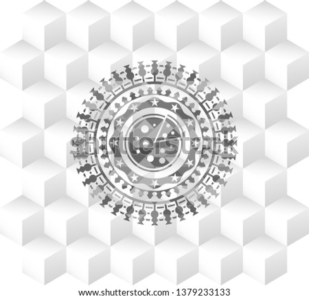 pizza icon inside grey badge with geometric cube white background