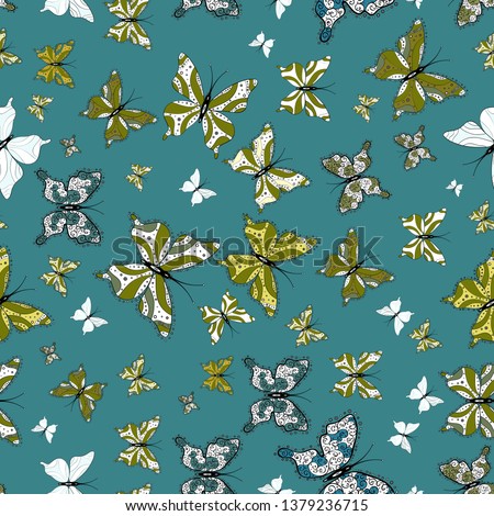 Vector vintage hand drawn of beautiful colorful butterflies on a brown, white and green background. Vector illustration. Fashion cute fabric design.