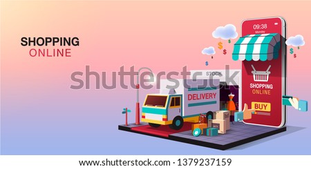 Mobile Application, Shopping Online on Website, Vector Concept Royalty-Free Stock Photo #1379237159
